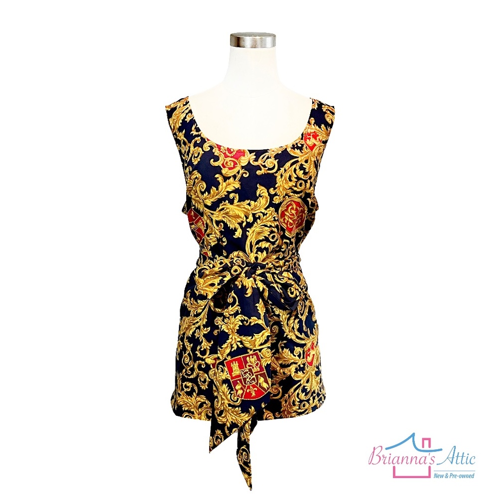RALPH LAUREN ladies sleeveless blouse with long skinny scarf blue & gold size 1X